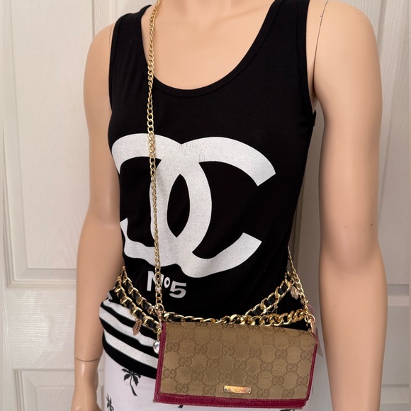 GUCCI GG Canvas and Leather Vintage Long Wallet On Chain Crossbody - Picture 5 of 16